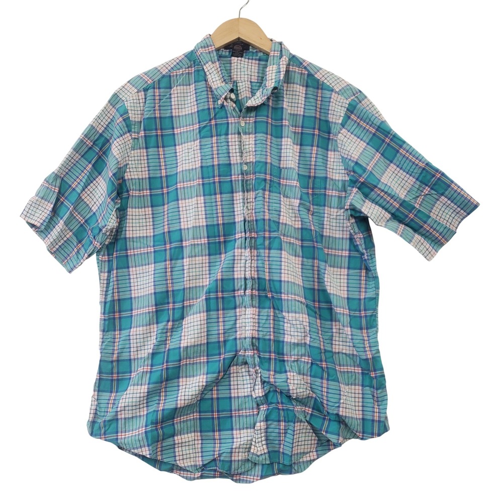 Kenneth Gordon Shirt XL Blue Plaid Short Sleeve Cotton Button Down Preppy Dad